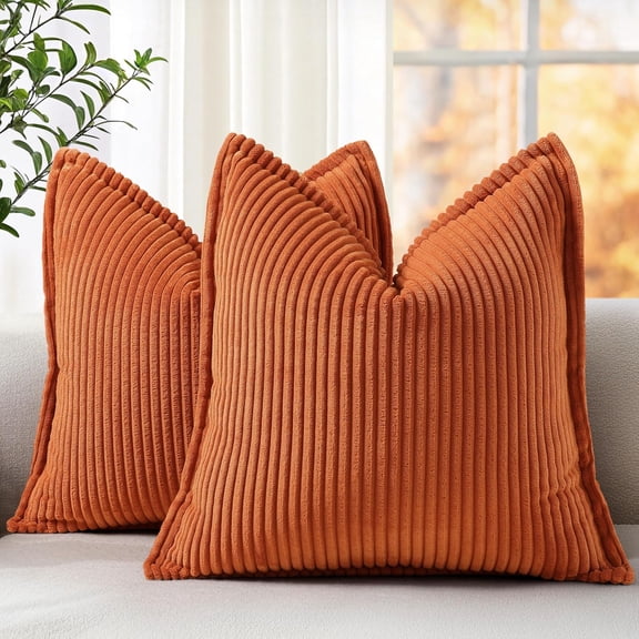 Corduroy Rust Throw Pillow Covers 18x18 Set of 2 Decorative Soft Striped Couch Neutral Farmhouse Pillow Covers with Broadside for Living Room Bed Sofa