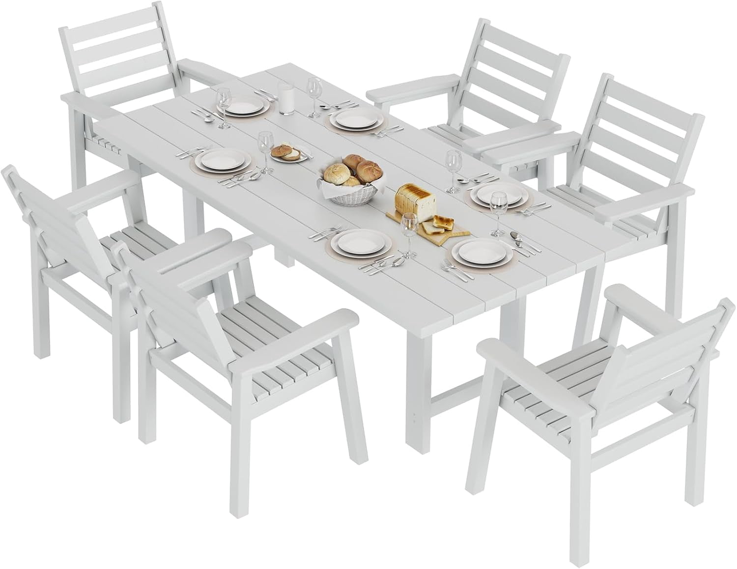 LUXOAK 7 Piece HDPE Outdoor Dining Set, 71" Table with 6 Chairs, Patio Furniture, White