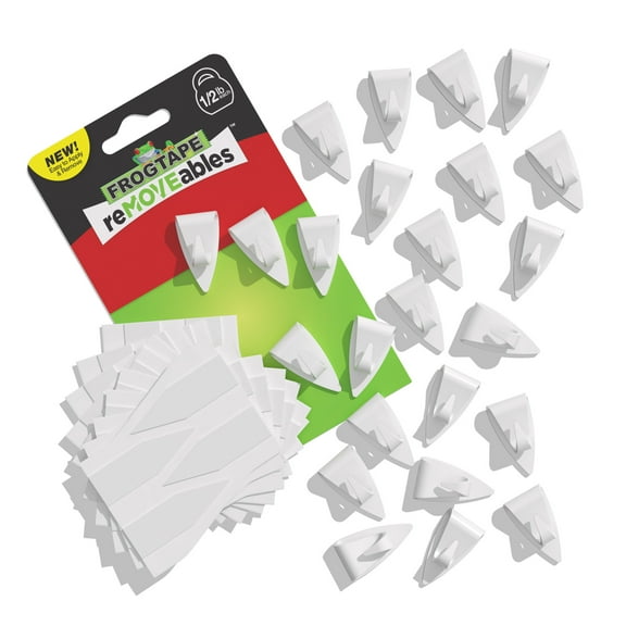 FrogTape reMOVEables Mini White Hooks, 24 Hooks and 32 Adhesive Strips