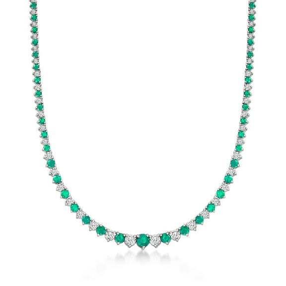 Ross-Simons 6.50 ct. t.w. Emerald and 1.50 ct. t.w. Diamond Necklace in Sterling Silver, Women's, Adult