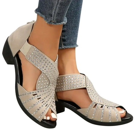 

Lovskoo 2024 Women s Chunky Block Heels Sandals Open Toe Ankle Strappy Slip on Wedding Dress Rhinestone Shoes White