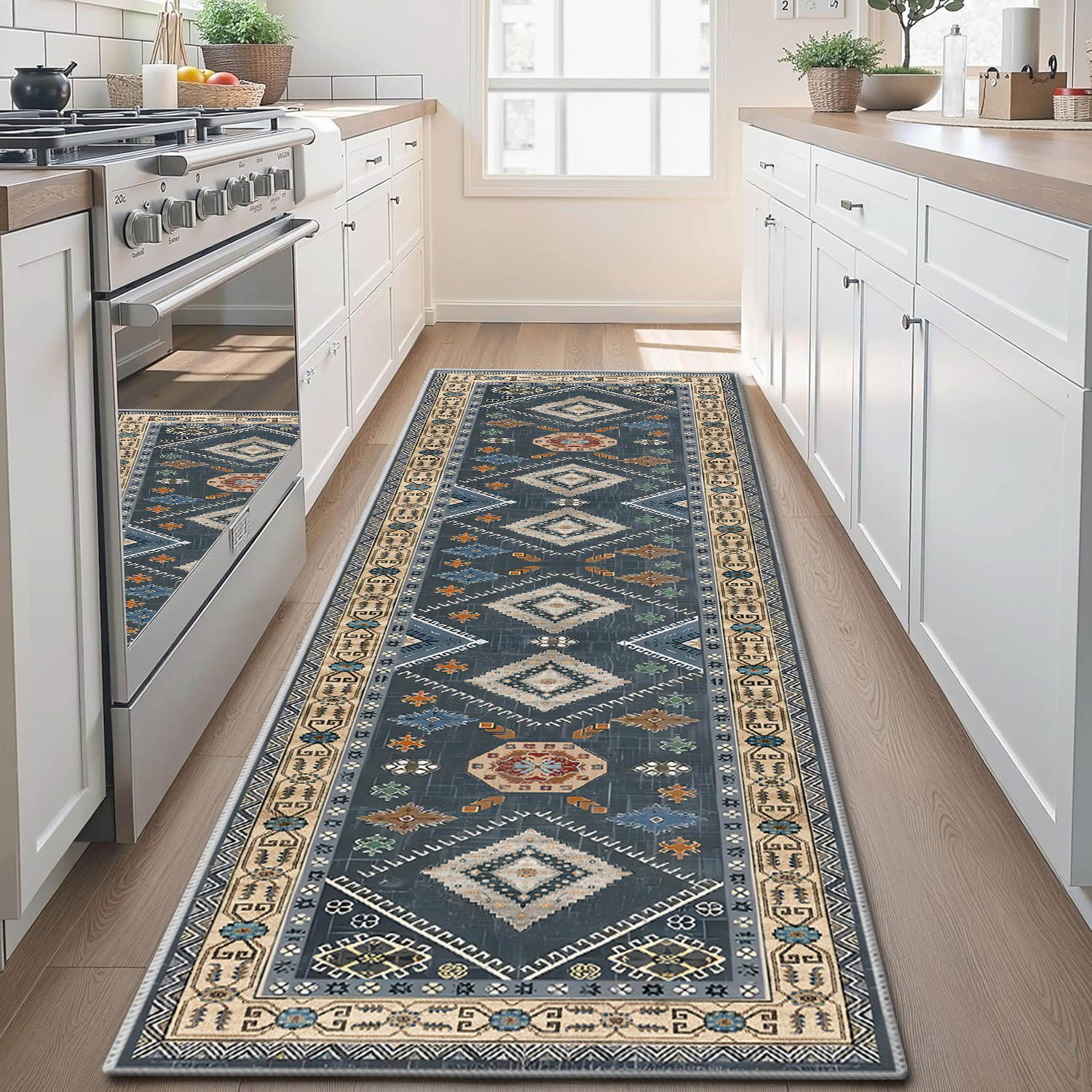 TECHVIDA 2'x8' Hallway Runner Rug Boho,Non Slip Machine Washable Rugs for Hallway Kitchen,Dark Blue