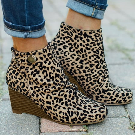 

Alueeu Women s Ankle Boots Womens Ladies Fashion Wedge Zip Up Pointed Toe Leopard Boots Shoes
