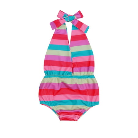 

Bagilaanoe Toddler Baby Girl One-Piece Swimsuit Rainbow Print V-neck Sleeveless Swimwear 12M 18M 24M 3T 4T Kids Backless Bathing Suit