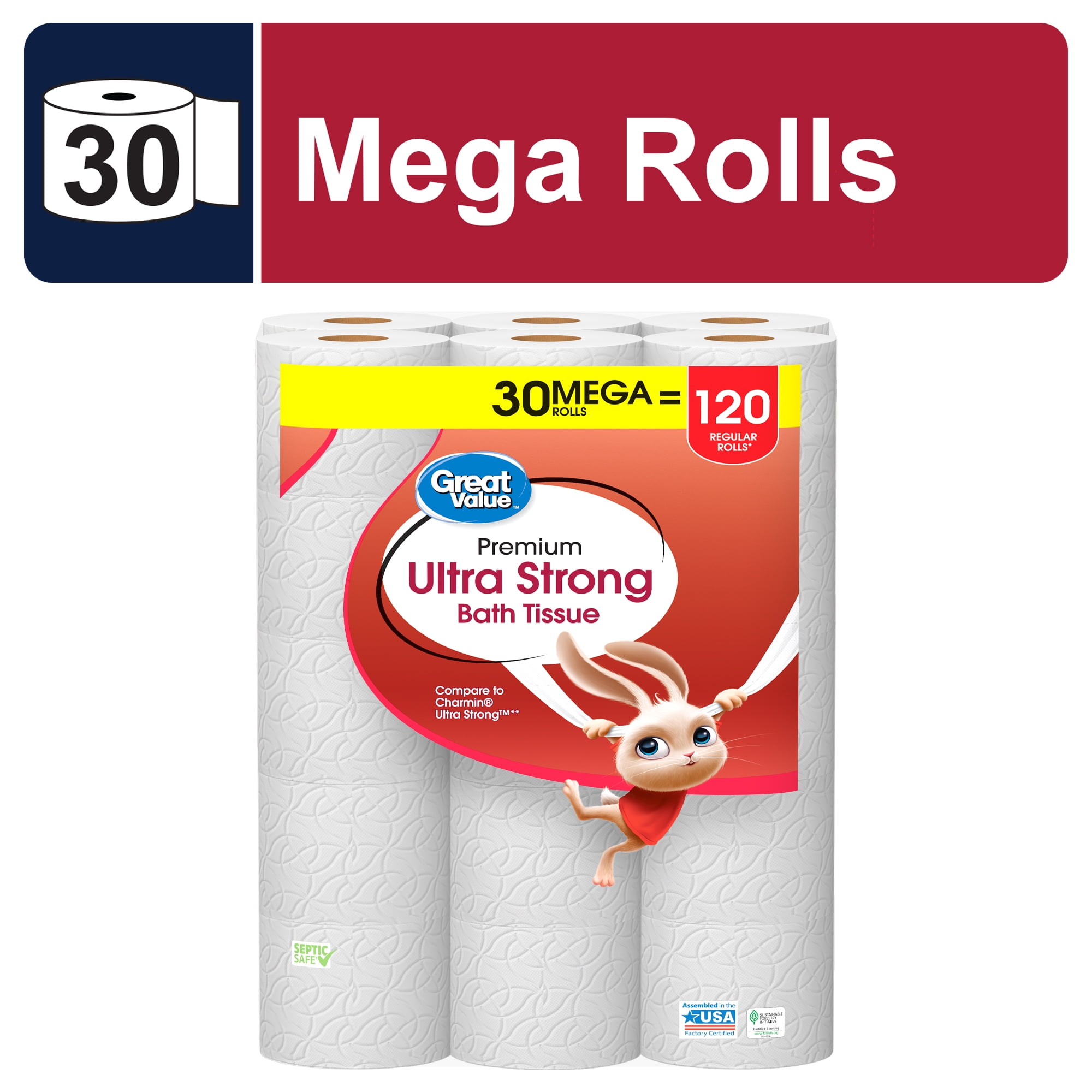 Great Value Ultra Strong Toilet Paper, 6 Mega Rolls, 2-Ply