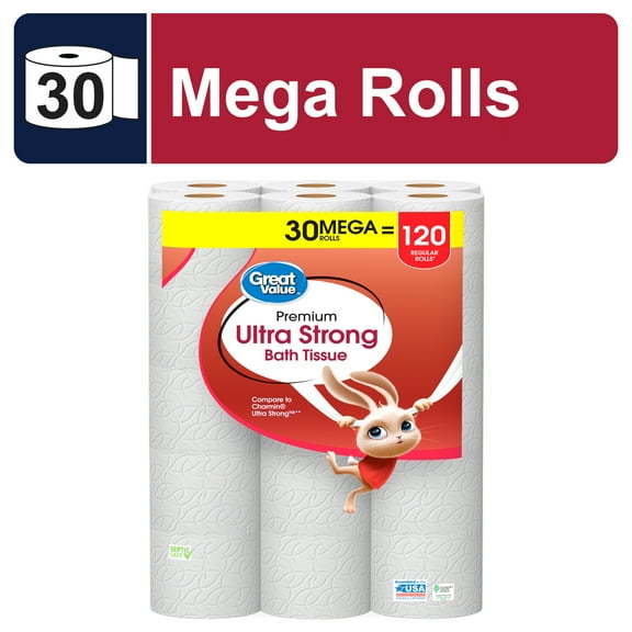 Great Value Ultra Strong 2-Ply Toilet Paper, 30 Mega Rolls, Compare to Charmin® Ultra Strong™
