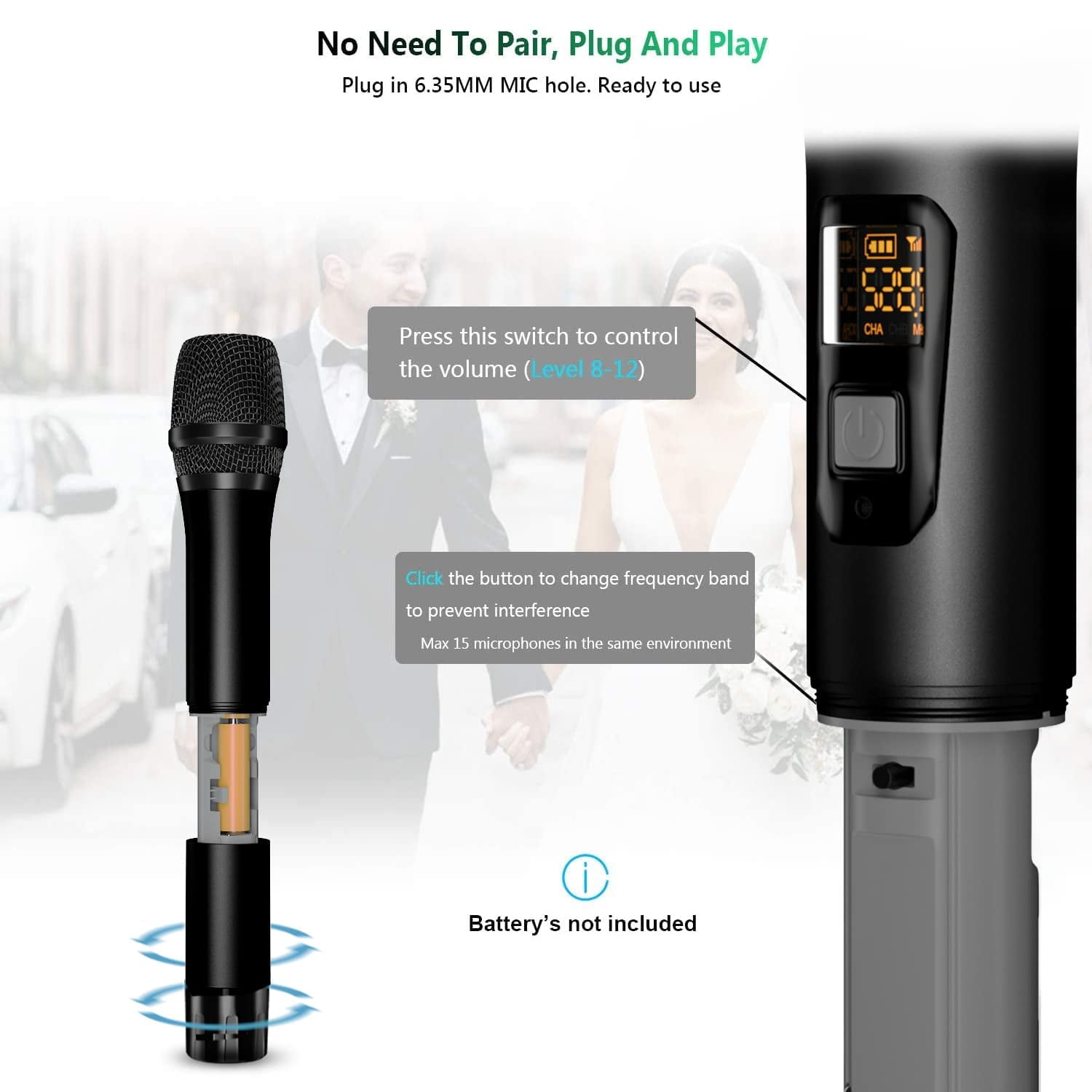 Bietrun Wireless Microphone Only for Mic Input, UHF Metal Dynamic Handheld Multipurpose Mic with Rechargeable Receiver (Work 4hs), 160ft Range, for Karaoke Machine, Amplifier Speaker, Mixer, Church