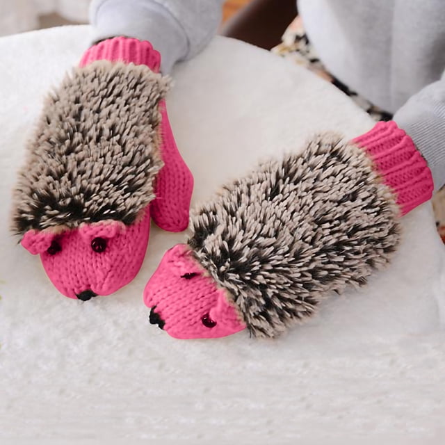 Cartoon Hedgehog Wool Double Layer Thermal Insulation with Finger Weave Gloves