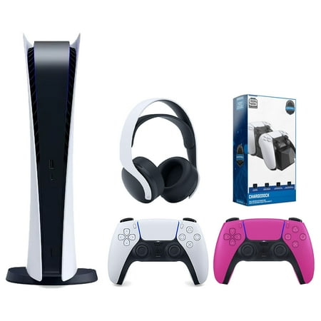 Sony Playstation 5 Digital Edition Console with Extra Pink Controller  White PULSE 3D Headset and Surge Dual Controller Charge Dock Bundle