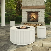 My Texas House 33" Round Fluted Faux Stone Finish Gas Fire Pit with Separate Tank Cover, White