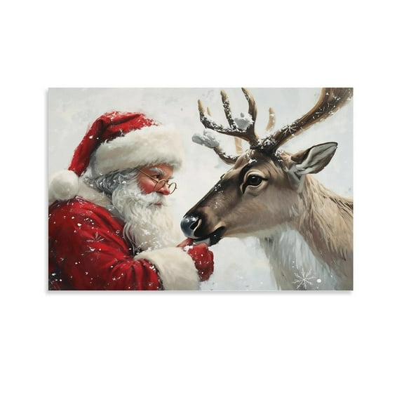 Christmas Santa Claus with Reindeer Posters Gifts Canvas Painting Poster Wall Art Decorative Picture Prints Modern Decor 12x18inch(30x45cm)