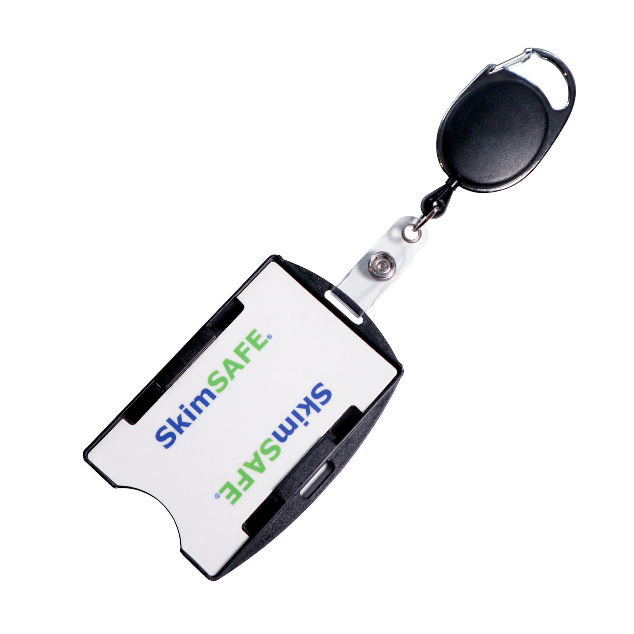 2 Pack - RFID Blocking Badge Holder with Retractable Carabiner Clip Badge Reel - Dual Sided - SkimSAFE Skimming Protection - 2 Card Shield for 13.56MHz Radio Signal by Specialist ID (Black) (Black)