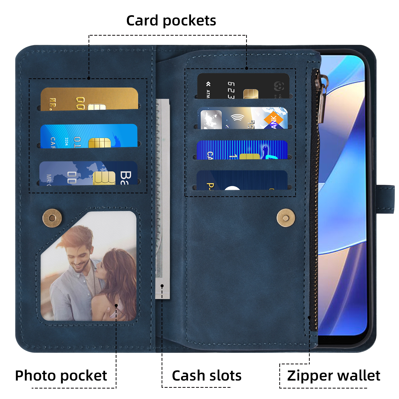 Asuwish Phone Case for Samsung Galaxy A16 5G/4G Wallet Cover With Tempered Glass Screen Protector Crossbody Wrist Strap Flip Pattern Zipper Credit Card Holder Stand Cell A 16 16A SM-A166U Women Blue