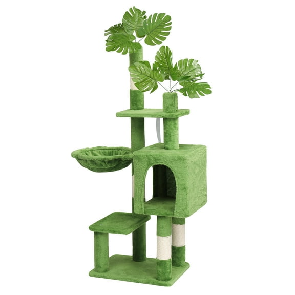 48in Plush Cat Tree with Leaves, Multi-level Cat Tower with Cat Condo, Cozy Hammock, Sisal Scratching Posts, Large Cat Pet Activity Center for Indoor Cats, Green