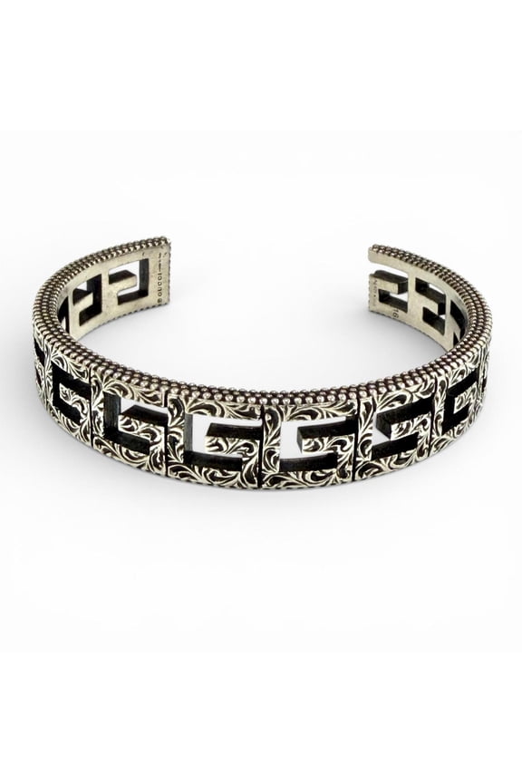 Pre-Owned GUCCI 551919 Square G Arabesque G-Cube Bangle Bracelet, Silver, Size 16, Made in...