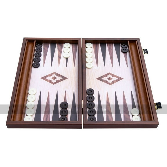Manopoulos Compact Oak and Walnut 15-inch Backgammon Set (with side racks)