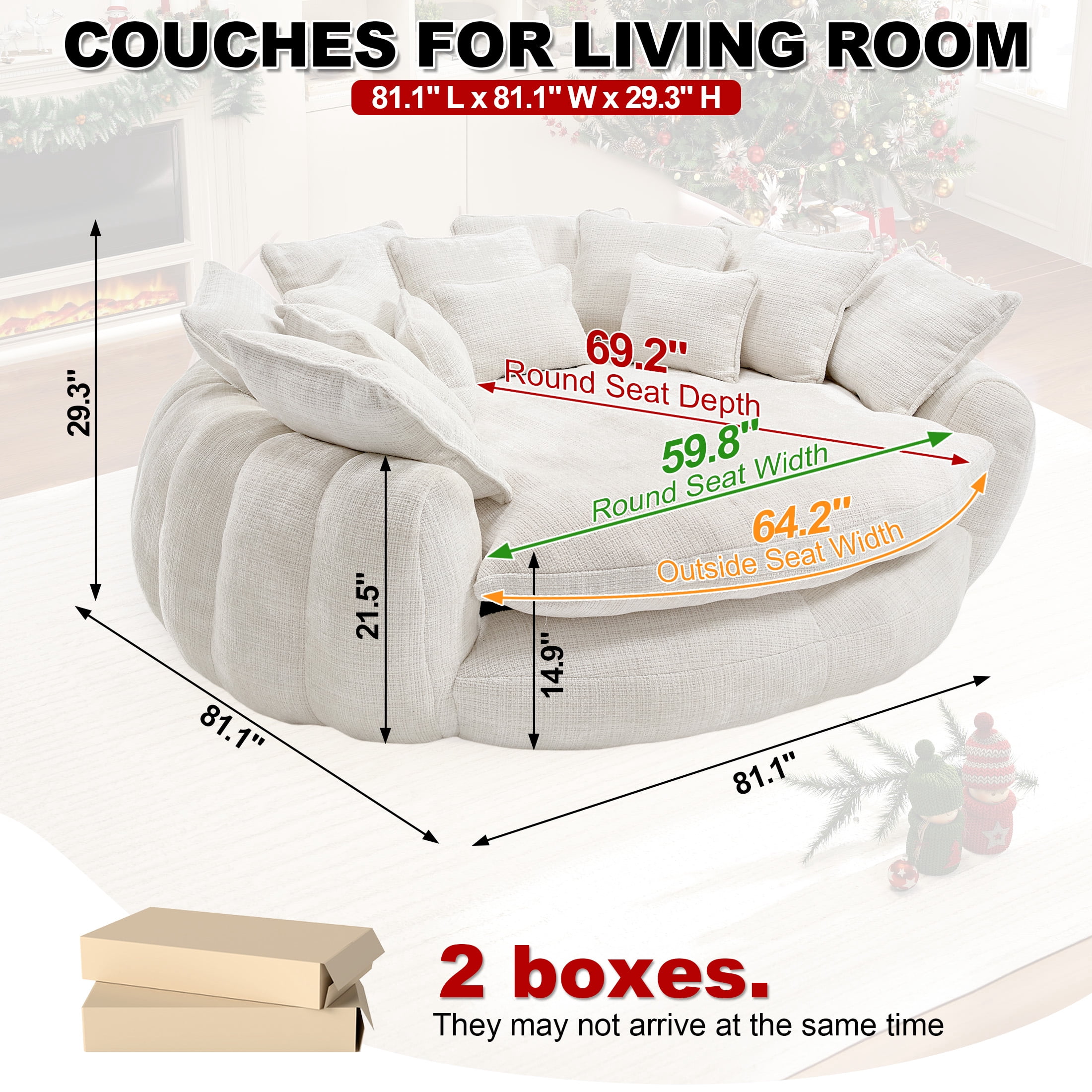 Aukfa 81.1" Oversized Cloud Couch Sleeper Sofa with Round Chaise Lounge, Modern Chenille Upholstered Boneless Sofa with Memory Foam and 14 Pillows, Beige