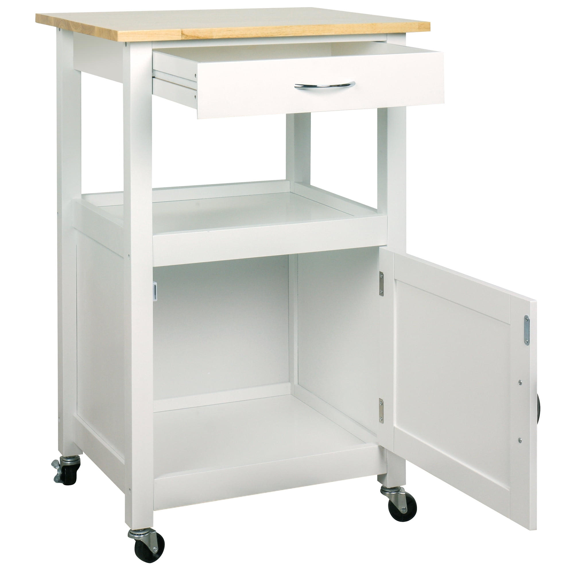 eHemco 1-Door Kitchen Island Cart on Wheels with Drawer, Storage Cabinet, Shelf and Natural Solid Hardwood Top, 34.75 Inches Height, White Base