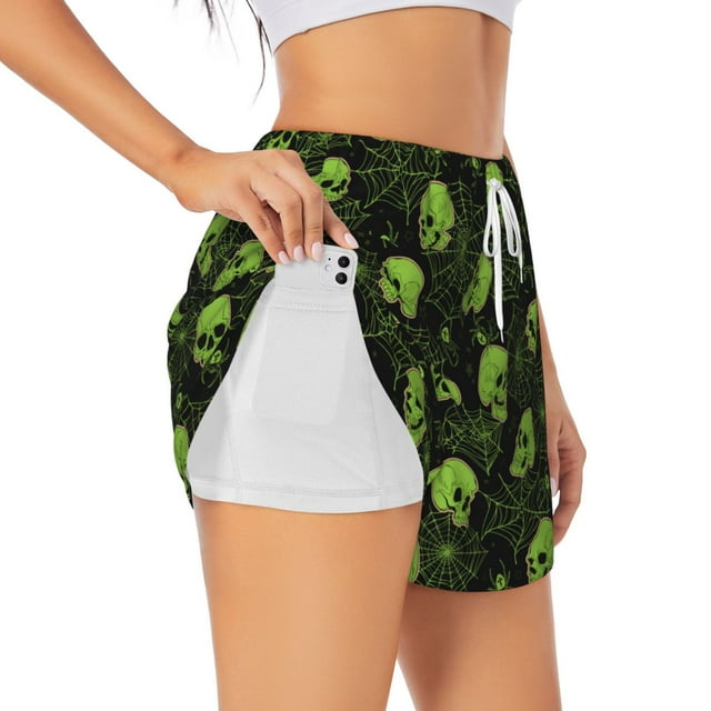 Horeoi Skulls And Cobwebs Print Women's Workout Shorts for Athletic Gym Running Shorts with Phone Pockets Women's Double Layer Sports Shorts Yoga Pants-Large