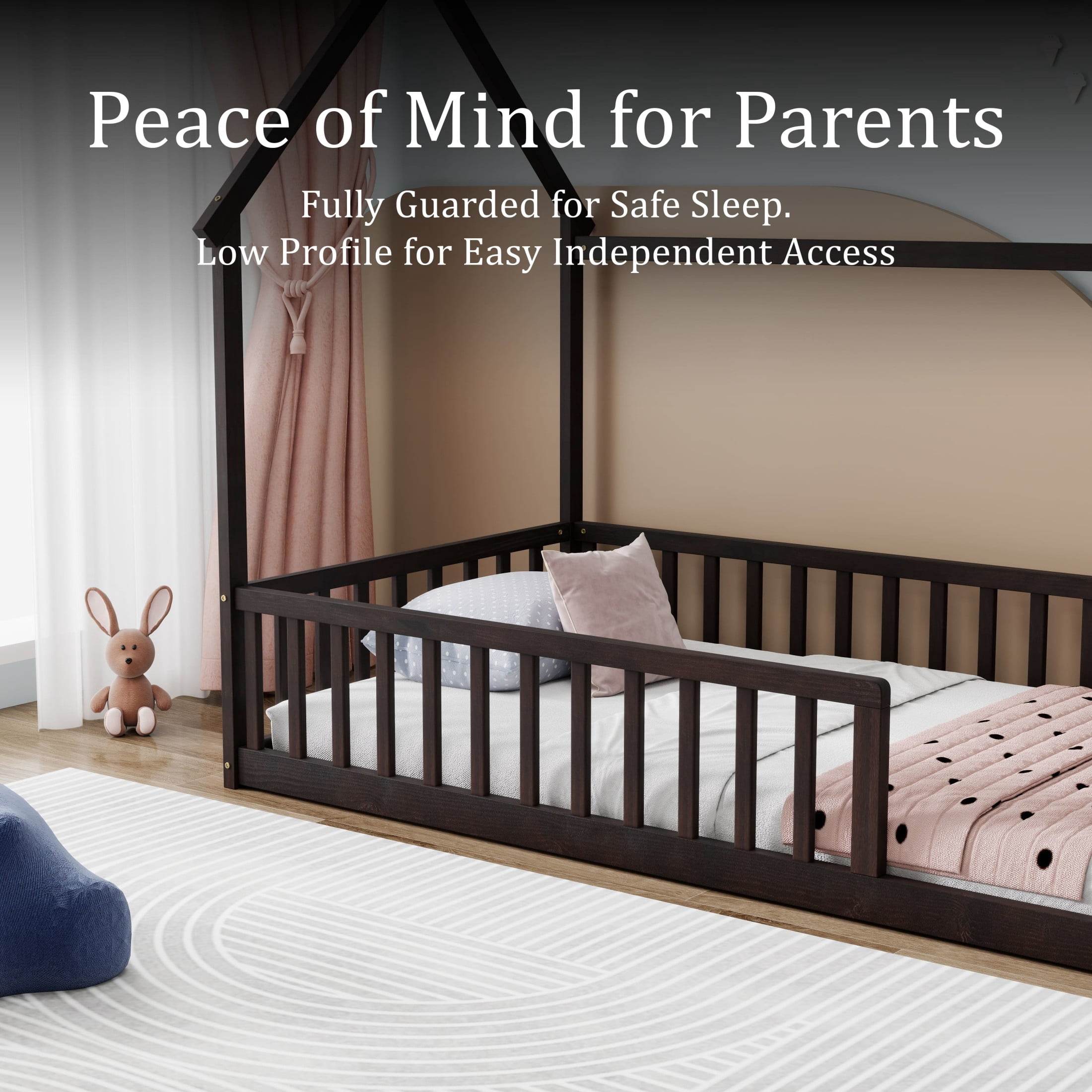 Noble House Morde Twin Size House Floor Bed with Gable Roof Frame & Safety Guardrails, Pine Wooden Bed Frame, Espresso
