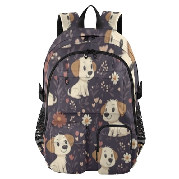 DIXRUYEE Puppy Flower Dark Pattern Backpack for School 14”Laptop Compatible with Reflective Safety Strips