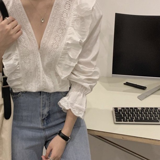 Cuello V Walmart Camisas Blancas Blusa De Manga Larga Nikou Camisa