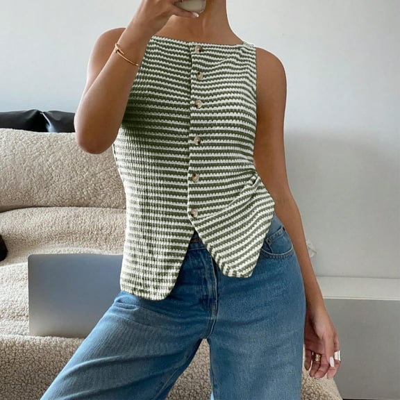 Odbmxy Ladies Tank Tops Sleeveless Summer Plus Size Tops Women Slim Casual Knit Striped Button Tops,Green S