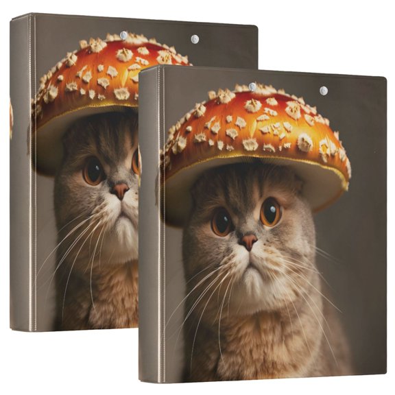joogoo Cute Cat Wear Mushroom Hat Hardcover 3 Ring Binder 1.5" Round Rings Interior Pockets Binders Organizer 2 Pack