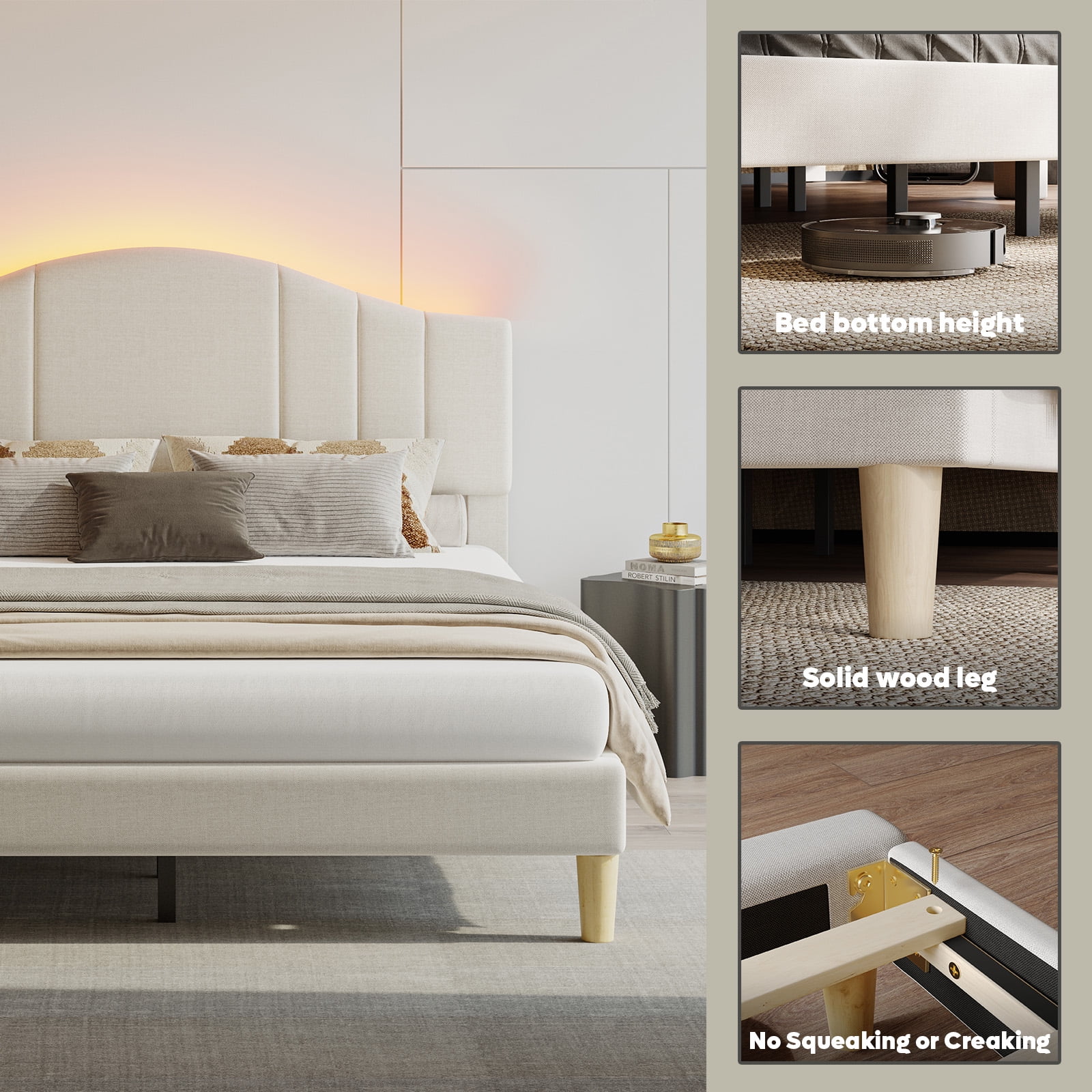 Pinmoco Queen Upholstered Platform Bed with LED Headboard photo 5