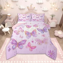 Homewish Dreamy Butterfly Bedding Comforter Set for Kids Girls, Chic Floral Flower Twin Comforter Sets, Cute Purple Pink White Bedding Set, Super Cozy Room Decor