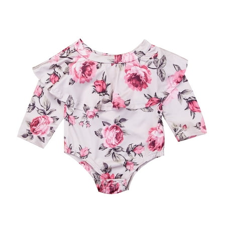 

Infant Baby Girls Off Shoulder Romper Long Sleeve Ruffles Floral Print Striped Bodysuit Outfits