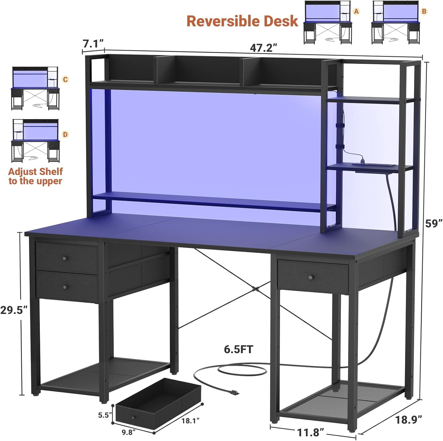iSunirm Desk with LED Light and Power Outlet, 47.2'' Gaming Desk with Hutch, Reversible Computer Desk with Drawers, and Storage Bookshelf, Large Workstation Desk, for Home & Office, Black