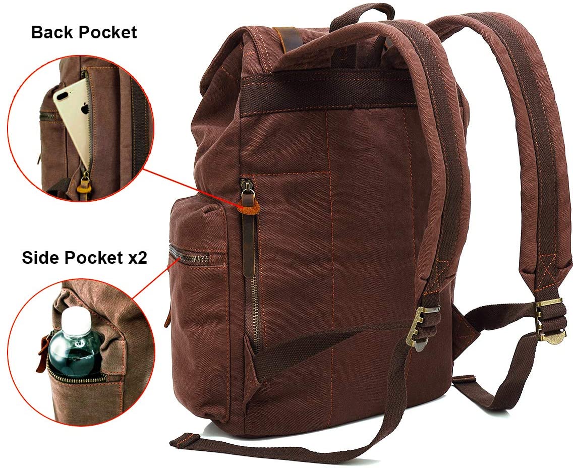 High Capacity Vintage Travel Canvas Leather Backpack School Bag for Men,Computers Laptop Backpacks Rucksack,Shoulder Camping Hiking Backpacks Bookbag 14" Laptop for Men Women - image 3 of 9