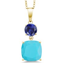 Gem Stone King 18K Yellow Gold Plated Silver Green Turquoise and Blue Created Sapphire Pendant Necklace for Women (4.00 Cttw, Gemstone Birthstone, Cushion 10MM, Round 6MM)
