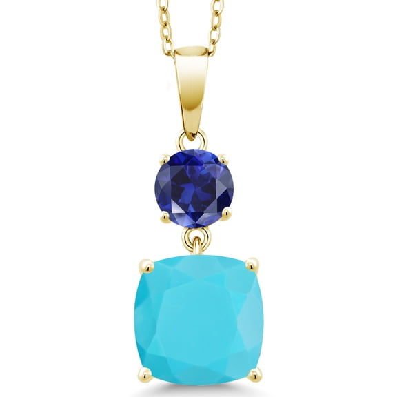 Gem Stone King 18K Yellow Gold Plated Silver Green Turquoise and Blue Created Sapphire Pendant Necklace for Women (4.00 Cttw, Gemstone Birthstone, Cushion 10MM, Round 6MM)