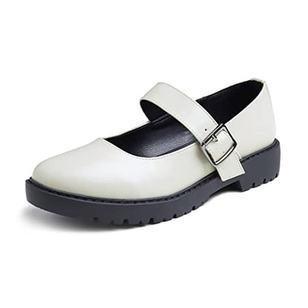 

Feversole Women s Fashion Trim Deco Loafer Flats Beige Vegan Leather Mary Jane Buckle Size 7.5 M US
