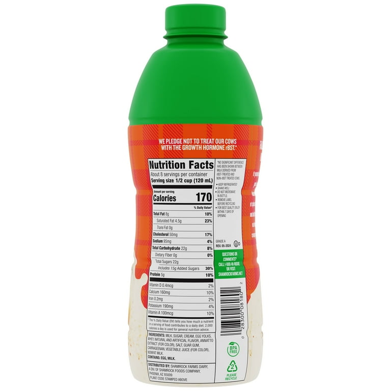 Shamrock Farms Ultra-Pasteurized Gluten Free Pumpkin Spice Eggnog, 32oz Bottle