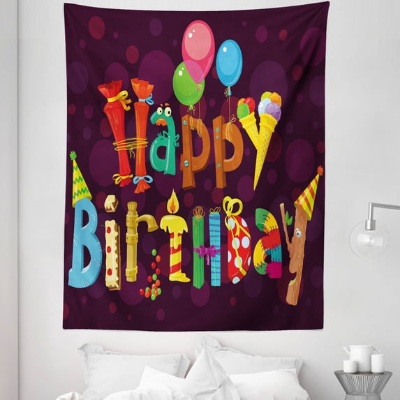 Cartoon Tapestry, Abstract Purple Background Ice Cream Sweets Party Objects as Letters Celebration, Fabric Wall Hanging Decor for Bedroom Living Room Dorm, 5 Sizes, Multicolor, by Ambesonne