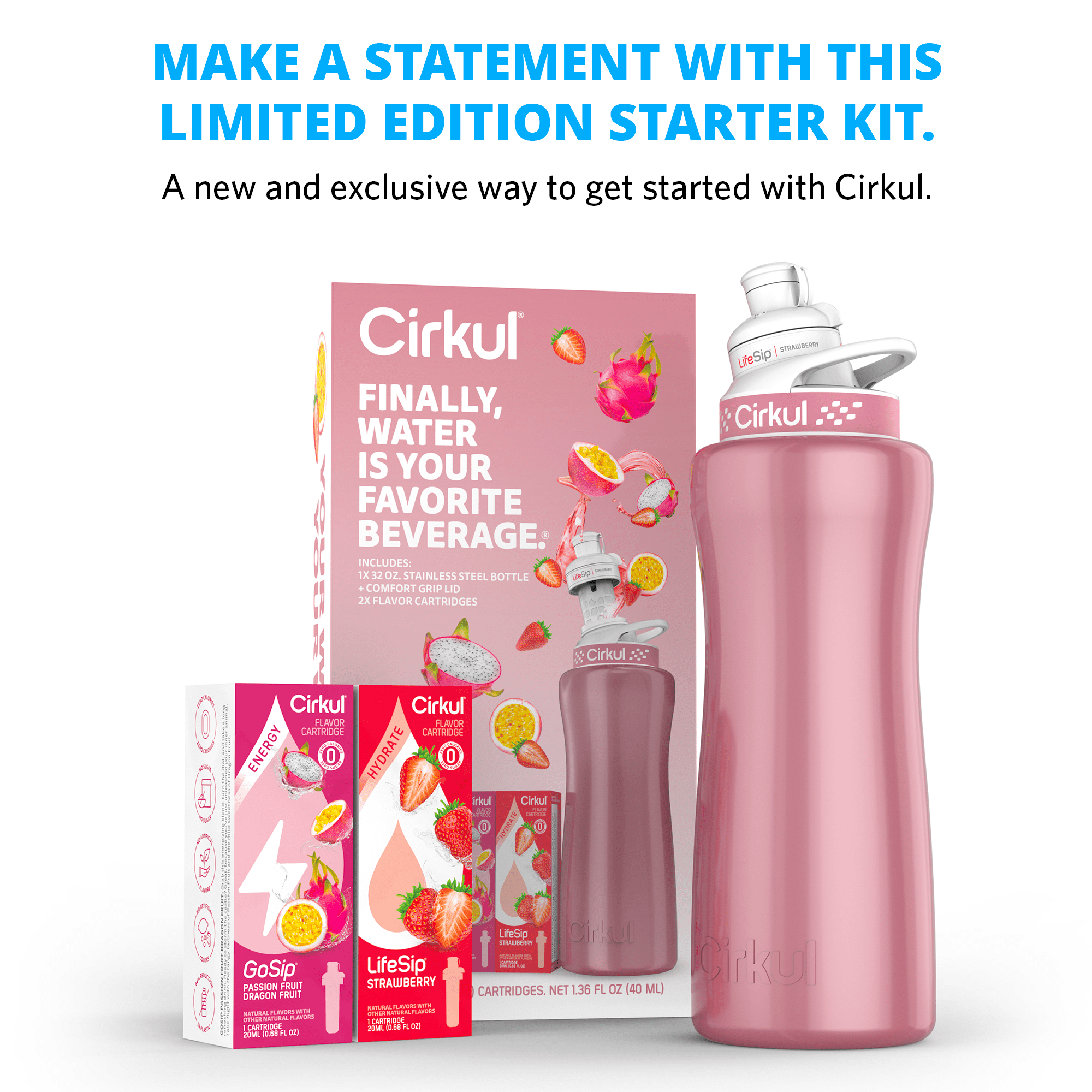 Cirkul 32oz Rose Gold Stainless Steel Water Bottle Starter Kit with Rose  Gold Lid and 2 Flavor Cartridges (Strawberry & Passion Fruit Dragon Fruit)  