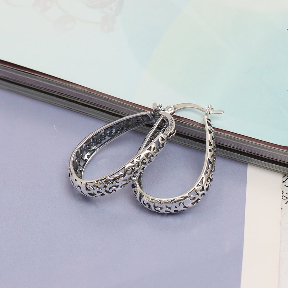 LeCalla 925 Sterling Silver Hypoallergenic Click Top Oval Filigree Hoop Earrings Jewelry for Women and Teen 27MM