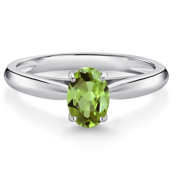 Gem Stone King 10K White Gold Green Peridot Solitaire Engagement Ring for Women (0.90 Cttw, Oval 7X5MM, Gemstone August Birthstone, Size 9)