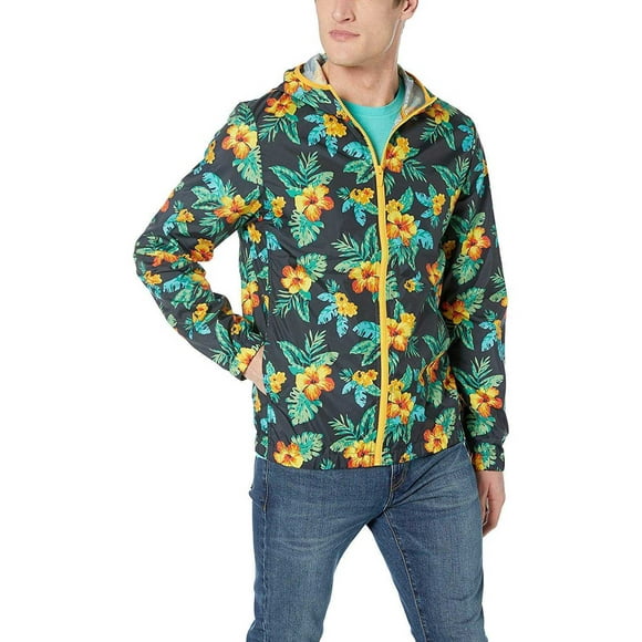 Original Penguin Men’s Tropical Floral-Print Hooded Windbreaker, Dark Sapphire Exploded Hawaiin, X-Large