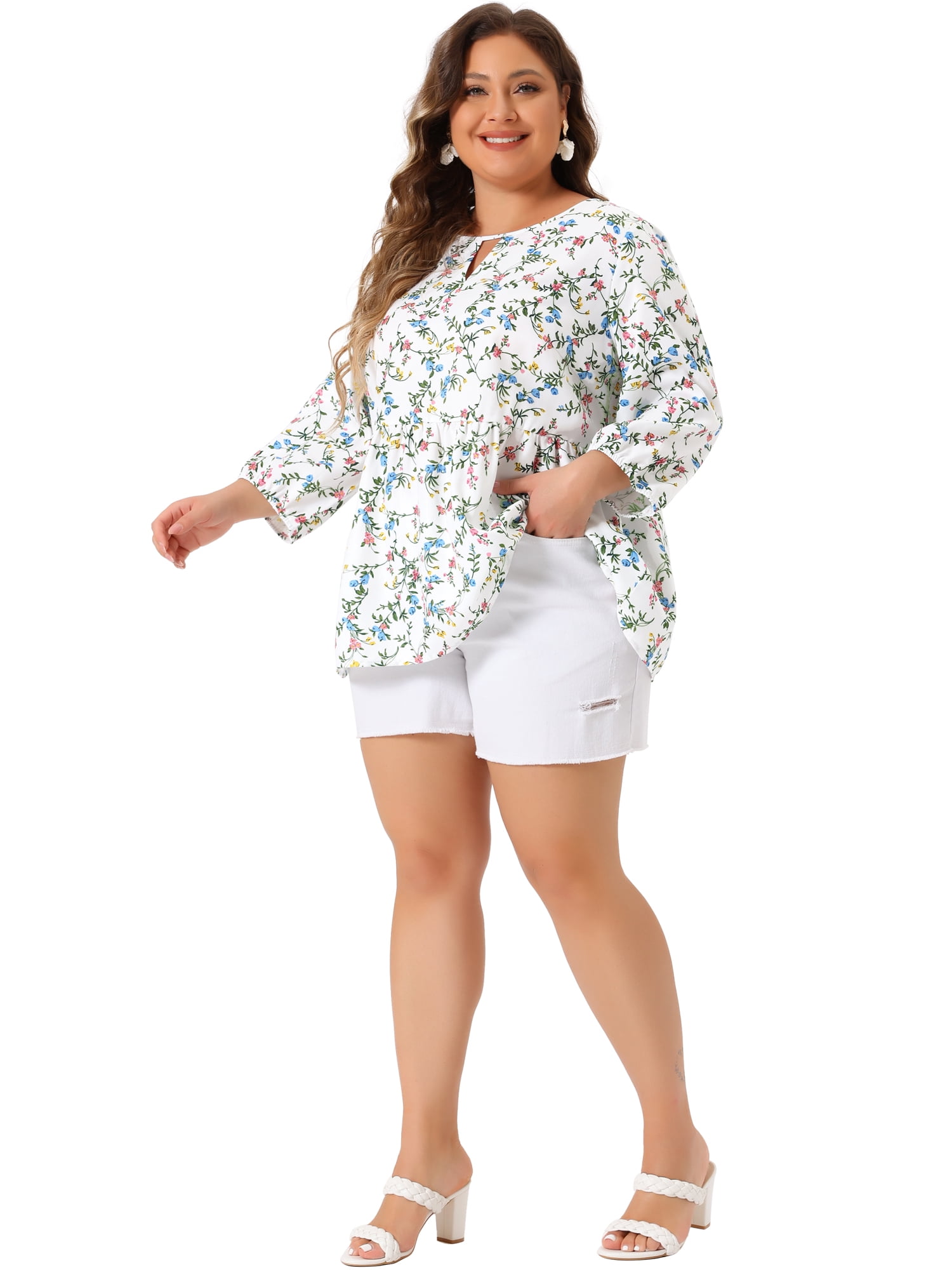 Unique Bargains Women's Plus Size 3/4 Sleeves Chiffon Keyhole Floral Tops 2X White
