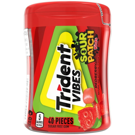 Trident Vibes Sour Patch Kids Sugar Free Gum, Red Berry, Nut Free, 40 Regular Size Piece Bottle