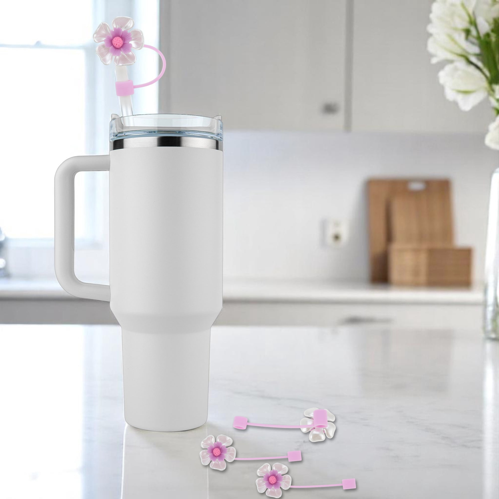 Unique Bargains 4Pcs Flower Straw Cover Cap Silicone Straw Covers for Drinkware Purple