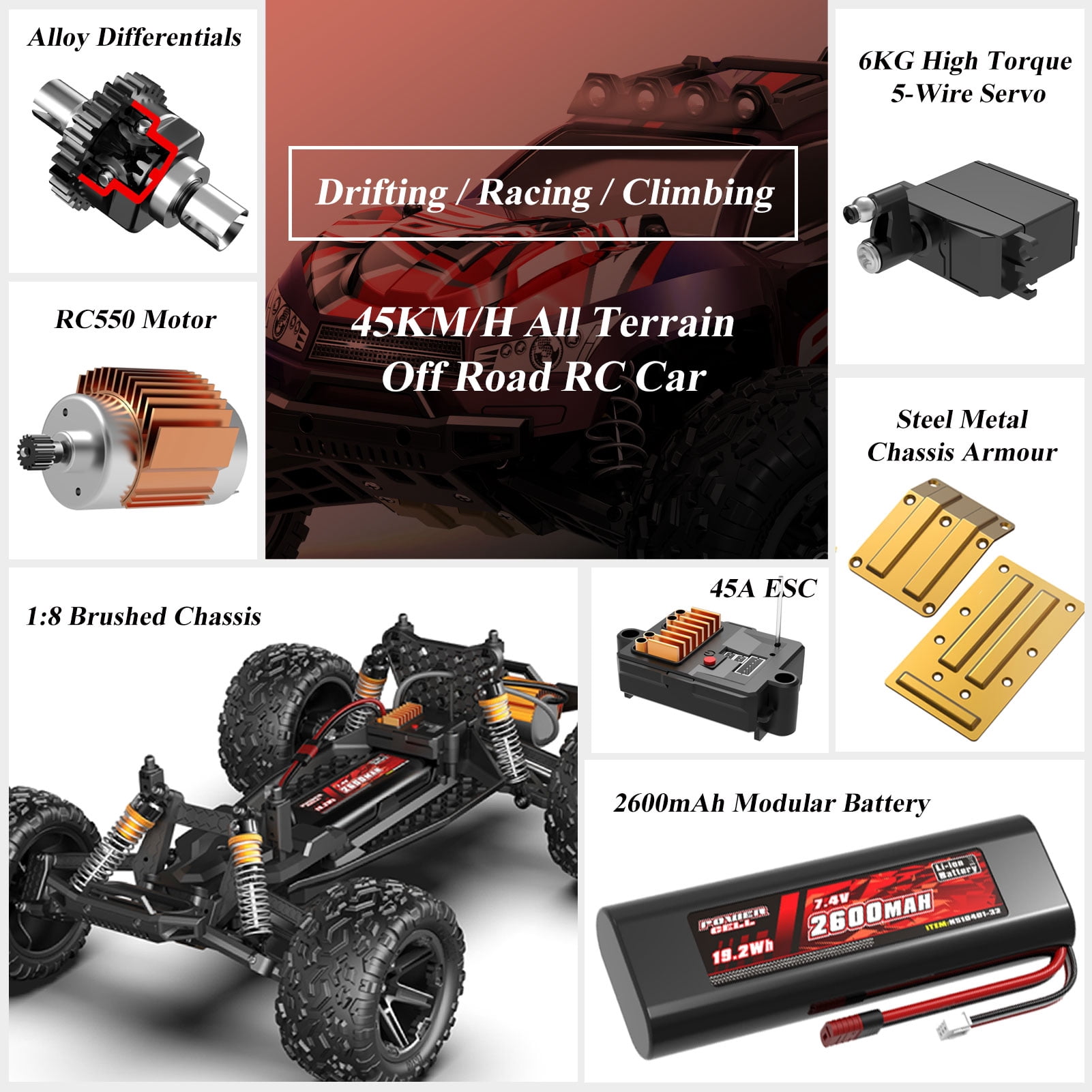 Halloween Gift, High Speed RC Cars 45kmh For Adults, 1:8 Scale Remote Control Car, All Terrain Off-Road Monster RC Truck For Adults, 2.4Ghz Glow-Up RC Cars With Body Lights & Headlights