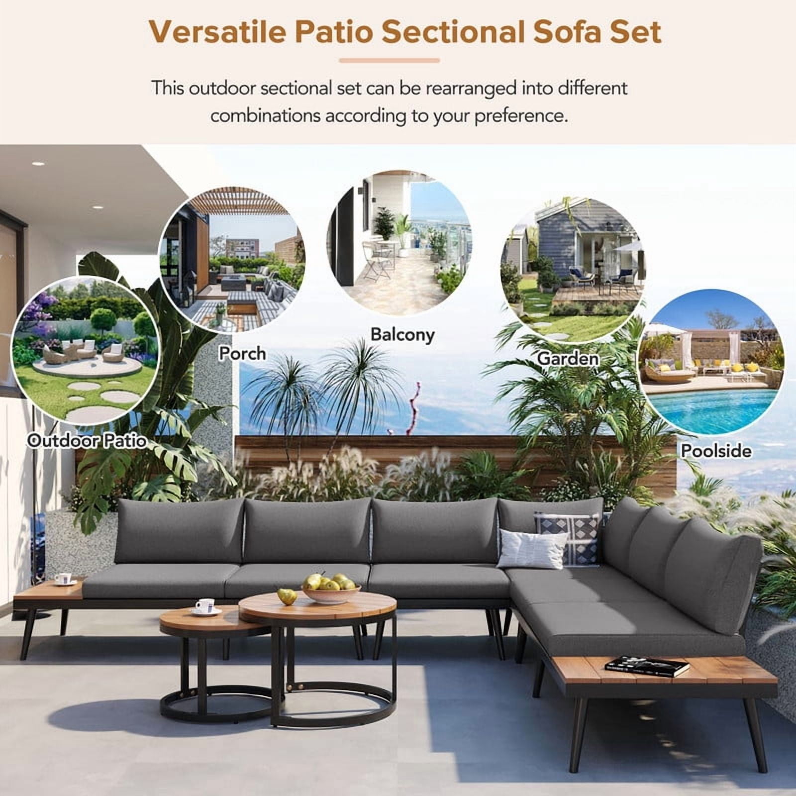 6-Piece L-Shaped Outdoor Sectional Sofa Set with Round Nesting Coffee Tables, Patio Furniture Set with Side Tables, Outdoor Conversation Set with Cushions
