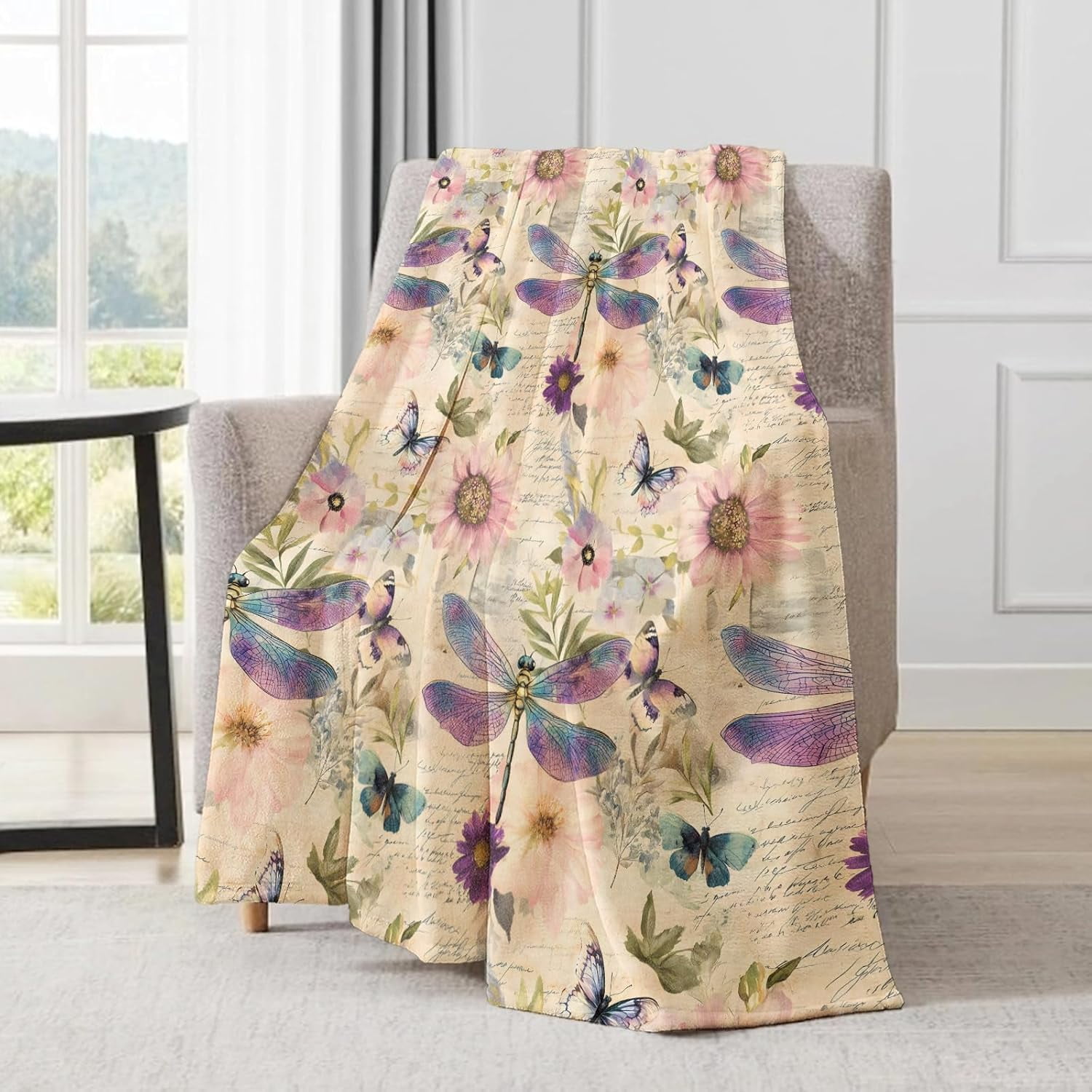 Dragonfly Blanket - Retro Butterfly Floral Pastel Fleece Throw,Gifts for Users Women, Soft & Warm,Lightweight, for Modern Rustic Boho Decor, Nature Lovers, and Room Home Accents 60x80in