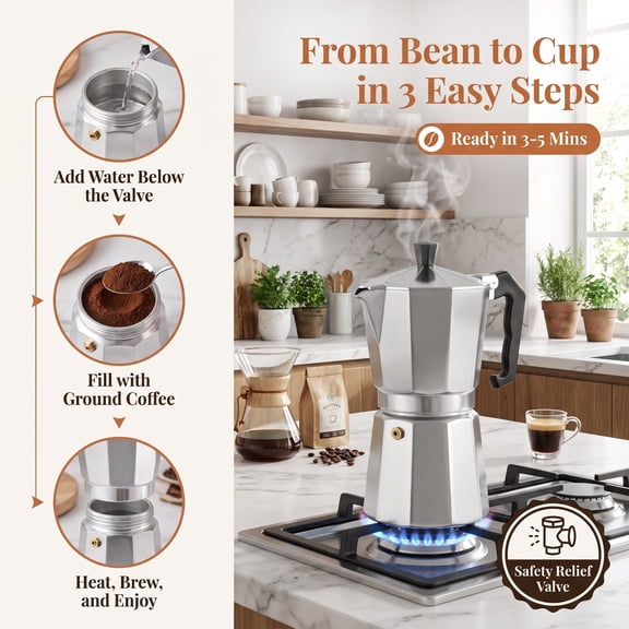 Octagonal Moka Pot, 6-Cup Aluminum Stovetop Espresso Maker, Italian Design, Rich Crema, Gas Stove Compatible, for Home Office, 1 Pack by MPOISVA