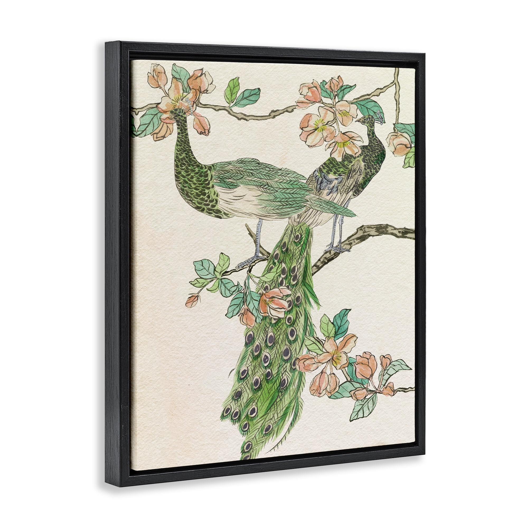 Stupell Industries Peacock & Cherry Blossoms Animals & Insects Painting Black Floater Framed Canvas Art Print Wall Art, 17 x 21